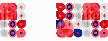 Soyut geometrik desenler. Kırmızı, mavi, gri daireler üst üste biniyor. Minimalist tasarım, tekrarlayan motifler.