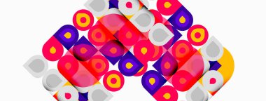 Renkli kareler, daireler soyut desenler oluşturarak kesişiyor. Parlak renkler beyaz arkaplana hakim. Geometrik şekiller mevcut oyuncu tasarım.