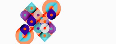 Soyut geometrik şekiller örtüşüyor ve renkli bir tasarım yaratıyor. Daireler, kareler, canlı renkler kompozisyona hakim. Minimalist estetik.