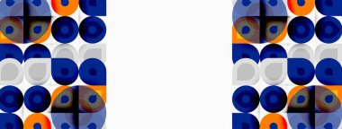Retro desen tekrarlayan daireler içerir, turuncu, mavi, gri tonlarda. Simetrik düzende basit tasarım, temiz estetik..