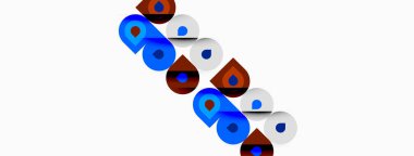 Soyut tasarım renkli daireler ve çizgiler içerir. Kompozisyon düz arkaplanda kırmızı, mavi ve beyaz elementleri içerir. Basit geometrik şekiller resme hakim.