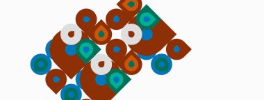 Soyut geometrik desen. Çemberler, kareler, dikdörtgenler karmaşık görsel doku oluşturur. Renkler arasında kahverengi, yeşil, bej.