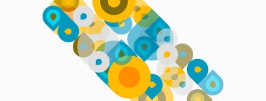 Soyut geometrik şekiller çakışıyor, renkli desenler yaratıyor. Daireler, kareler, dikdörtgenler kompozisyona hakim. Parlak renkler modern estetik sunar.