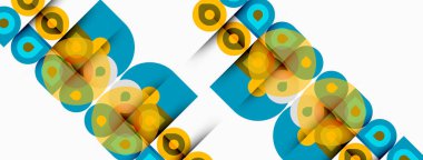 Soyut geometrik desen. Daireler, kareler üst üste binerek dinamik görsel doku oluşturuyor. Parlak renkler kompozisyona hakim.