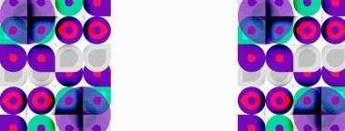 Geometrik desen tekrarlayan daireler, kareler içerir. Mor, deniz mavisi, pembe renkler tasarımda baskın. Beyaz alan karşıtlık sağlar.