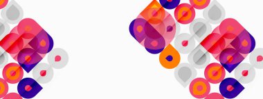 Soyut geometrik şekiller, canlı renkler, üst üste binen daireler, kareler. Modern tasarım, eğlenceli kompozisyon, temiz estetik..