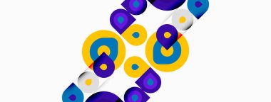 Soyut tasarım üst üste binen daireler, canlı renkler, modern estetik. Sarı, mor, beyaz baskın kompozisyon. Basit şekiller dinamik desen oluşturur.