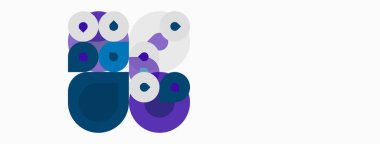 Üst üste binen daireler içeren soyut kompozisyon. Gözlükler mor, deniz mavisi ve beyazdır. Minimalist tasarım, geometrik şekiller mevcut. Temiz estetik.