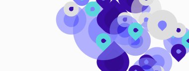 Soyut daireler üst üste binerek katmanlı görsel efekt yaratır. Gölgeler açık mavi ile koyu mor arasında değişir. Minimalist tasarım, temiz arkaplan.