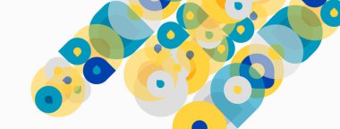 Soyut daireler, kareler örtüşüyor ve canlı bir görsel model oluşturuyor. Sarı, maviler kompozisyona hakim. Modern tasarım ögesi.