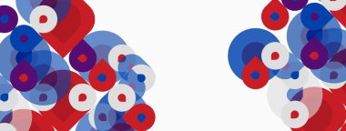 Soyut tasarım özellikleri üst üste biniyor. Kırmızı, mavi, mor renkler dinamik kompozisyon oluşturur. Beyaz alan denge sağlar.