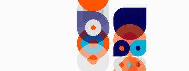 Soyut geometrik şekiller çakışıyor, renkli desenler yaratıyor. Çemberler, kareler, yuvarlak dikdörtgenler baskın bileşim. Minimalist tasarım, modern estetik.