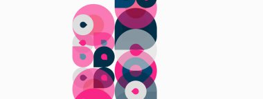 Üst üste binen daireler içeren soyut kompozisyon. Pembe, mor, gri renkler beyaz arkaplana hakim. Modern, minimalist tasarım.