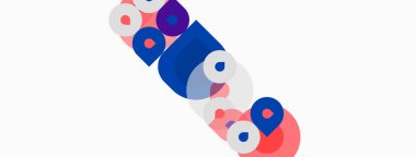 Soyut renkli şekiller örtüşür, dinamik bileşim yaratır. Çemberler, kareler, dikdörtgenler beyaz arkaplanda oyuncu desenler oluştururlar.