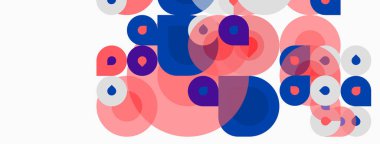 Soyut daireler örtüşüyor, canlı pembeler, maviler, beyazlar yaratıyor. Minimalist tasarım, modern estetik, basit şekiller kompozisyona hakim..