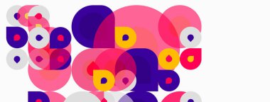 Soyut renkli daireler çakışıyor ve dinamik bileşim oluşturuyor. Pembe, mor, sarı renkler beyaz arkaplana hakim. Modern tasarım.