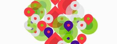 Soyut renkli daireler çakışıyor ve dinamik bileşim oluşturuyor. Kırmızı, yeşil, mor renkler beyaz arkaplana hakim. Modern tasarım.