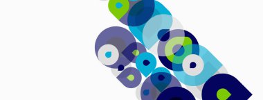 Soyut daireler, farklı renkler, örtüşen dinamik bileşimler. Beyaz arkaplan karşıtlık ve modern estetik sağlar.