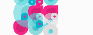 Üst üste binen daireler, kareler, pembeler, çiniler içeren soyut bir kompozisyon. Temiz şekilli minimalist tasarım, modern estetik..