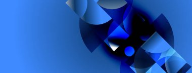 Soyut mavi şekiller üst üste binerek dinamik bileşim oluşturuyor. Yumuşak eğimler derinlik ve ışık etkileşimi olduğunu gösteriyor. Modern tasarım ögesi.