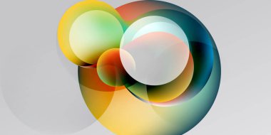Soyut daireler örtüşür, canlı renk karışımları yaratır. Yumuşak eğimler ışığı, hareketi, derinliği gösteriyor. Minimalist tasarım, modern estetik.