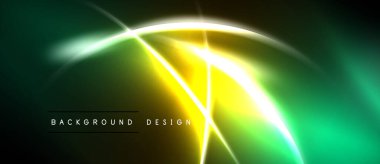 Soyut neon ışıklar dinamik yeşil, sarı parıltı yaratır. Modern tasarım kıvrımlı çizgiler, parlak aydınlatma içerir. Arkaplan enerji ve yenilik öneriyor.