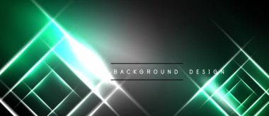 Soyut neon ışıklar geometrik desenler oluşturur. Parlak yeşil, karşıt koyu arkaplan parlıyor. Dijital projeler için modern tasarım ögesi.