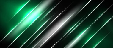 Soyut arkaplan köşegen çizgileri, canlı yeşil parıltı, koyu gölgeler içerir. Modern tasarım enerjiyi, hızı ve gelecekteki hissi çağrıştırıyor..