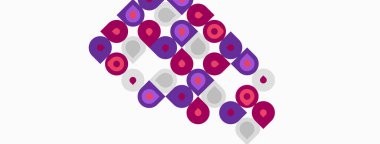 Mor şekiller beyaz uzayda tekrar eder. Çemberler, yarım daireler soyut desenler oluşturur. Minimalist tasarım, modern estetik.