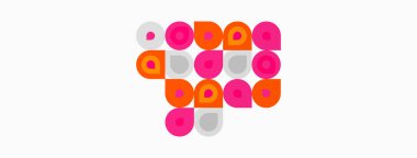 Soyut model. Çemberler renk, boyut ve düzende değişir. Pembe, turuncu, gri renkler kompozisyona hakim. Minimalist tasarım.