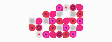 Üst üste binen daireler içeren soyut kompozisyon. Pembe, lavanta, gri renkler eğlenceli desenler yaratır. Minimalist tasarım, basit şekiller imaja hakim..