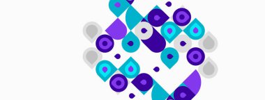 Soyut geometrik şekiller, mor, deniz mavisi, gri. Çemberler, kareler, dikdörtgenler dinamik desenler oluşturur. Minimalist tasarım.