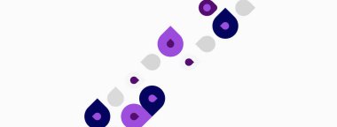 Soyut tasarım mor, gri noktalar içerir. Şekiller değişkendir, düzenleme dinamik görsel desen yaratır. Minimalist estetik, temiz arkaplan.