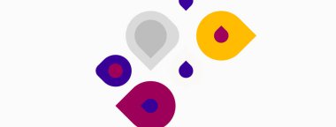 Beyaz arka plana dağılmış renkli damlacıklar. Şekiller renk ve boyut olarak değişir, dinamik görsel efekt yaratır. Basit, modern tasarım.