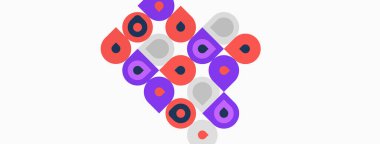 Soyut geometrik desen. Daireler, kareler üst üste binerek dinamik görsel doku oluşturuyor. Renkler arasında mor, turuncu, gri var. Basit tasarım.