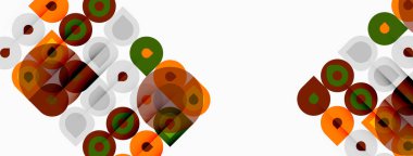 Soyut geometrik desen. Üst üste binen kareler, daireler, dikdörtgenler renkli tasarım yaratır. Minimalist tarz, modern estetik.