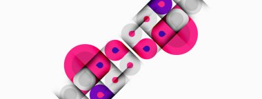 Soyut tasarım özellikleri üst üste binen pembe, mor daireler, kareler. Beyaz arka planlı minimalist kompozisyon modern estetik yaratıyor.