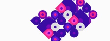 Mor, pembe şekiller tekrar ediyor. Geometrik tasarım daireler, kareler içerir. Modern estetik, basit kompozisyon, canlı renkler sunar.