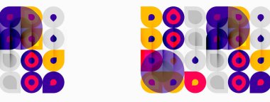 Soyut geometrik desen. Çemberler, kareler, noktalar tekrarlayan dizaynlar yaratır. Mor, sarı, pembe, gri baskın kompozisyon. Minimalist stil.