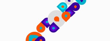 Renkli soyut tasarım, üst üste binen daireler, kareler, noktalar. Modern grafik elementleri dinamik bileşim oluşturur.