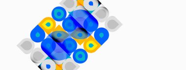 Üst üste binen daireler, canlı maviler, sarılar ve yeşillikler içeren soyut kompozisyon. Geometrik şekiller dinamik görsel doku oluşturur.