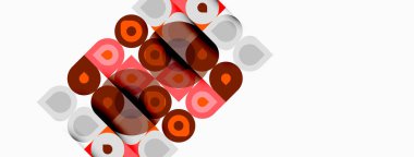 Soyut şablon eşmerkezli daireler, dikdörtgenler içerir. Sıcak renkler tasarıma hükmediyor, retro estetik yaratıyor. Basit şekiller tekrarlanır.