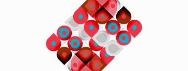 Soyut geometrik desen. Kırmızı, deniz mavisi daireleri beyaz dikdörtgenlerle örtüşüyor. Minimalist tasarım, temiz çizgiler, modern estetik. Basit kompozisyon.