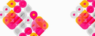 Soyut geometrik şekiller, daireler, kareler kesişir. Pembe, sarı, gri renkler beyaz arkaplana hakim. Modern tasarım ögesi.