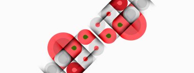 Soyut tasarım kırmızı daireler, yeşil noktalar, gri kareler içerir. Minimalist kompozisyon, temiz çizgiler, modern estetik. Basit şekiller görsel ilgi yaratır.