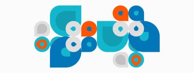 Soyut geometrik şekiller, mavi, turuncu, gri. Üst üste binen daireler, kareler modern tasarım yaratır. Minimalist kompozisyon, temiz estetik.