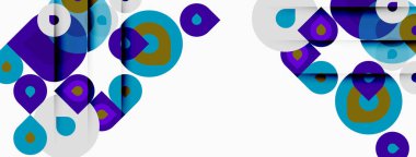 Soyut geometrik şekiller çakışıyor, dinamik görsel desen oluşturuyor. Mavi, mor, altın renkleri beyaz arkaplana hakim. Modern tasarım.