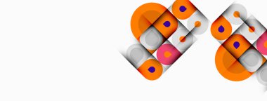 Soyut geometrik şekiller, turuncu, mor, gri. Üst üste binen kareler, daireler modern tasarım yaratır. Minimalist kompozisyon, temiz çizgiler.