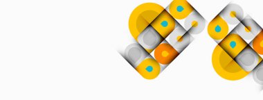 Soyut geometrik şekiller, daireler, kareler kesişir. Sarı, turuncu, mavi renkler modern tasarım yaratır. Minimalist kompozisyon, temiz estetik.