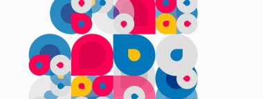 Renkli kesişen daireler soyut desenler oluşturur. Parlak renkler kompozisyona hakim, eğlenceli görsel deneyimler sunuyor.